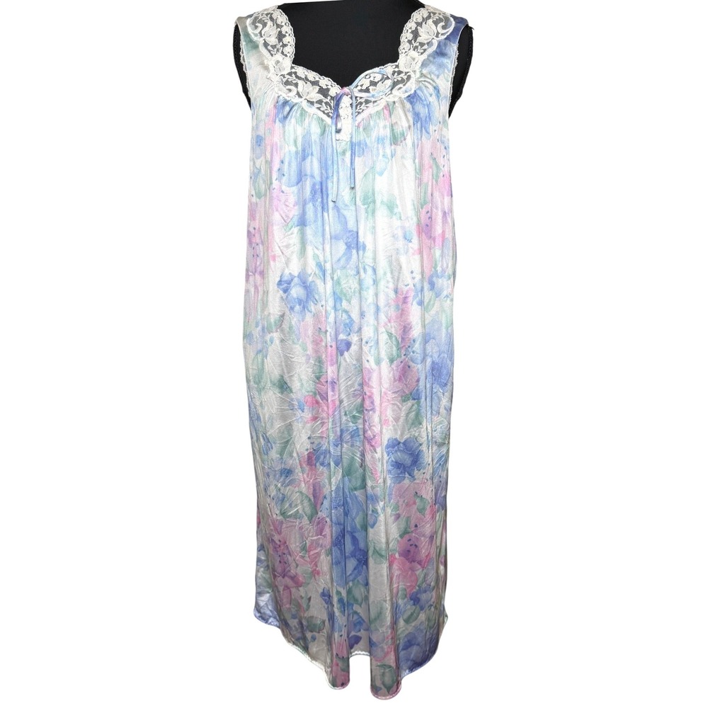 Vtg Lorraine Pastel Floral Nightgown M Lace Trim Coquette Slip Grannycore Prarie